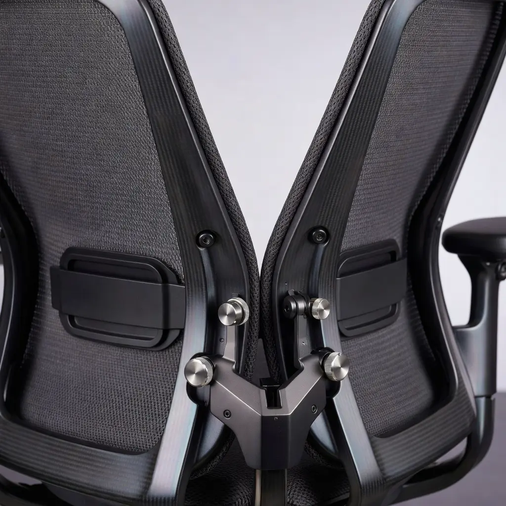 Крупный план уникальной двухсекционной спинки ортопедического кресла DuoRest, показывающий механизм независимой регулировки каждой половины