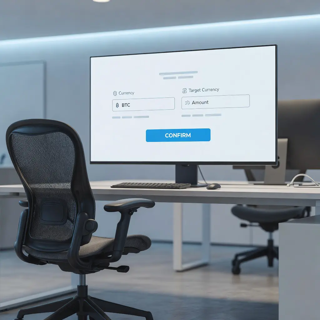 Экран монитора с открытым интерфейсом криптовалютного обменника, на фоне — эргономичное рабочее кресло