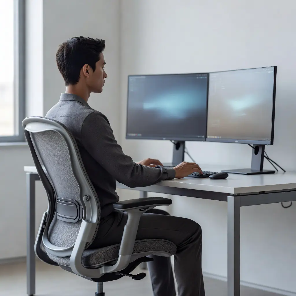 Человек в ортопедическом кресле DuoRest работает за компьютером с несколькими мониторами, поддерживая правильную осанку